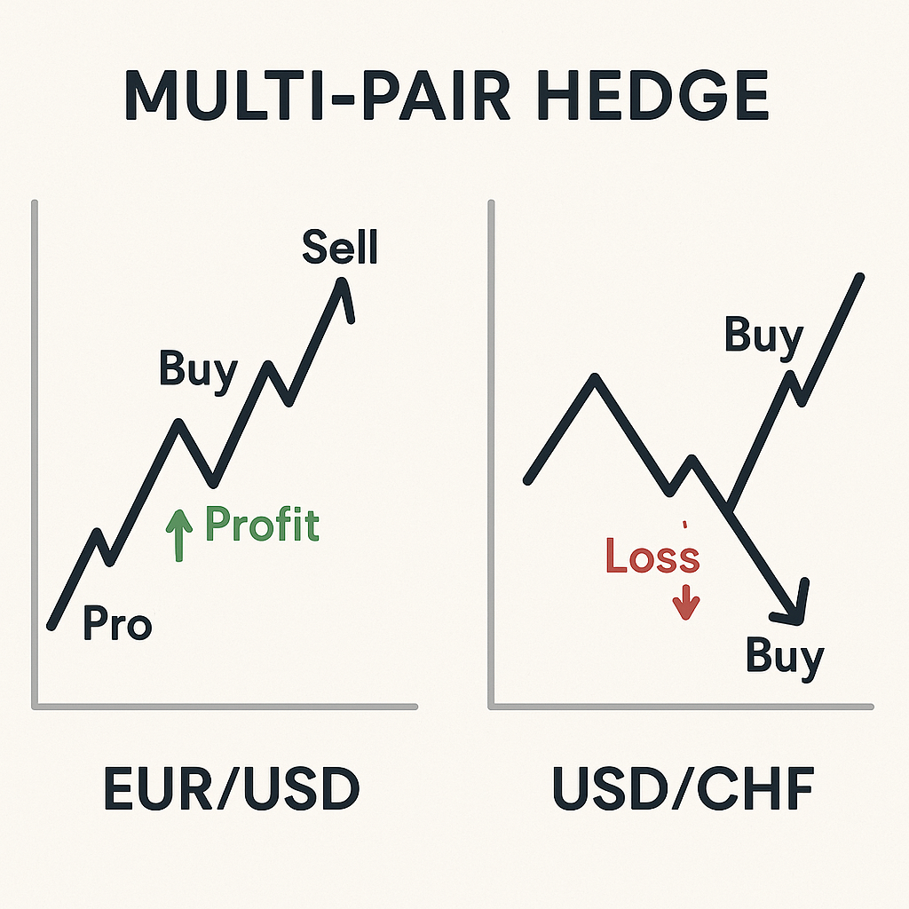 Diagram showing the Multi-Pair Hedge strategy with EUR/USD and USD/CHF.