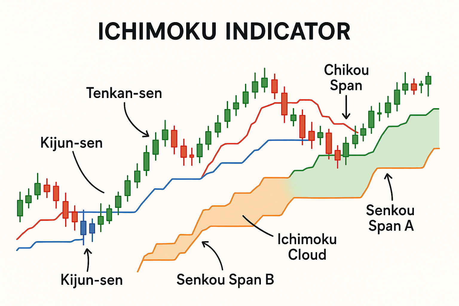 An illustration of the Ichimoku Cloud indicator showing all 5 lines.