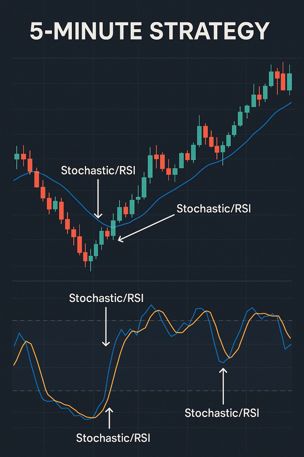 5-minute scalping strategy chart with Stochastic/RSI entry points.